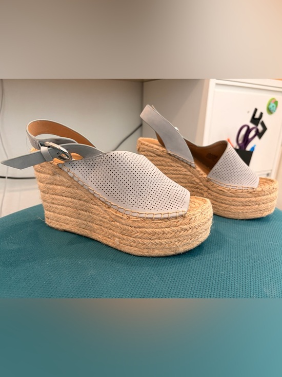 Marc Fisher Perforated Light Blue Leather Slingback Espadrille Wedge - Picture 3 of 7